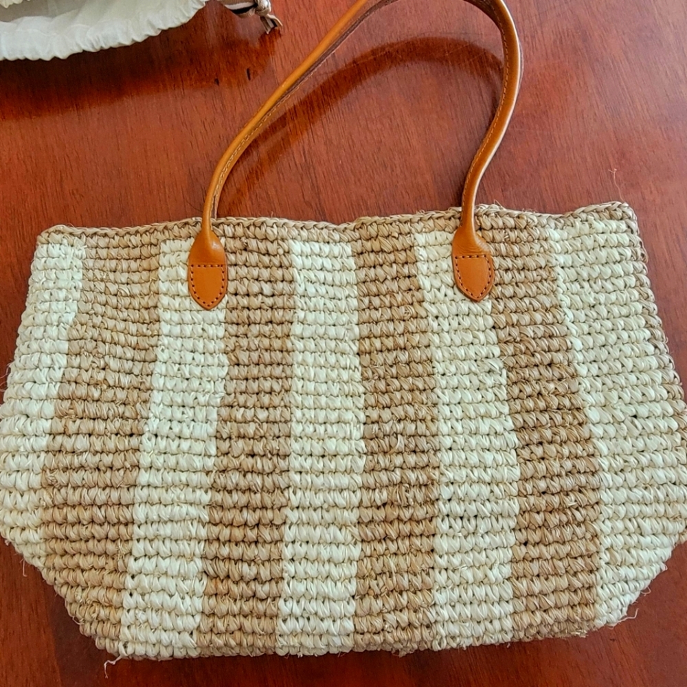 Bembien Striped Tan and Cream Woven Tote Bag